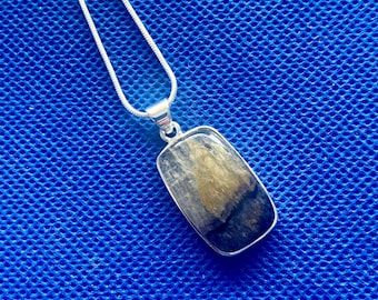Blue john oblong pendant medium set in silver unique .925 and silver snake chain 46cm mined in  derbyshire united kingdom
