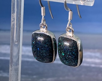 Black opal drop earrings Andamooka  opal polished Natural stones oblong set in sterling silver.