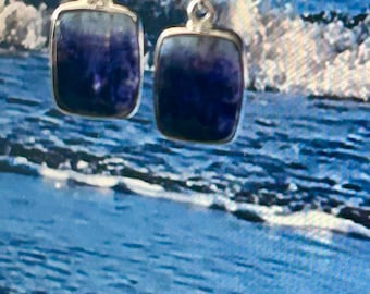Blue John Oblong Sterling Silver Earrings polished Natural Derbyshire gem UK 1 x 1.4cm *8i