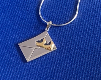 Envelope  silver plus 2 gold hearts Sterling silver with a 46cm silver  Snake Chain   victorian in style