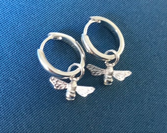 Bee earrings drops on huggie hoops sterling silver .925
