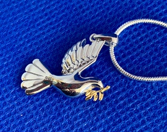 Dove of peace olive branch gold leaf pendant Sterling Silver  .925 and sterling silver chain