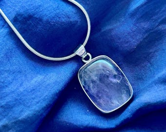 Blue John Sterling Silver Pendant, Derbyshire polished Gemstone, Oblong add snake chain *515