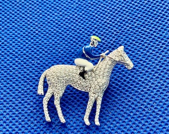 Race Horse and rider brooch sterling silver set Pave Czs and enamel victorian in style