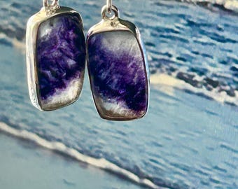 Blue John oblong earrings med  sterling silver Natural polished stones mined in Derbyshire U.K.  unique*712