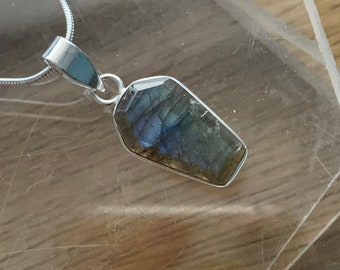 Coffin shaped Labradorite pendant set in sterling silver steam punk plus silver chain