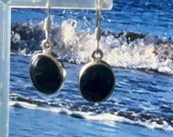 Whitby Jet Sterling Silver Earrings: Polished Stone, Yorkshire .Victorian Style *013