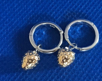 Strawberry sterling silver and gold Huggie hoop and drop earrings .925