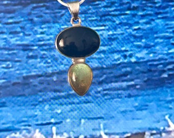 Whitby Jet and Amber set in Sterling Silver  Pendant  with Silver Snake Chain