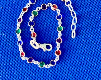 Bracelet Multi coloured enamel translucent discs set in  Sterling Silver fine delicate