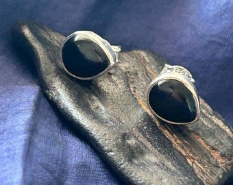 Whitby Jet earringsl tear drop studs set in  sterling silver Natural polished stones Whitby Yorkshire U.K *111 Local to us.