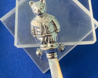Cat Baby Rattle keep sake Sterling silver MOP handle two bells Victorian In Style.Perfect Christening gift