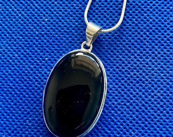 Whitby Jet pendant large set in  sterling silver Natural polished stones *11 Whitby Yorkshire plus silver snake chain U.K Local to us.