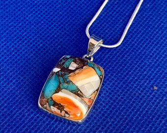 Spiny Oyster and turquoise pendant small sterling silver and snake chain Natural stones set in sterling silver.