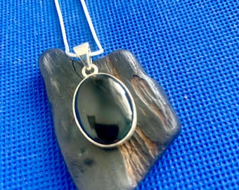 Whitby Jet pendant medium set in  sterling silver Natural polished stones * 3 from Whitby Yorkshire plus silver snake chainU.K Local to us.