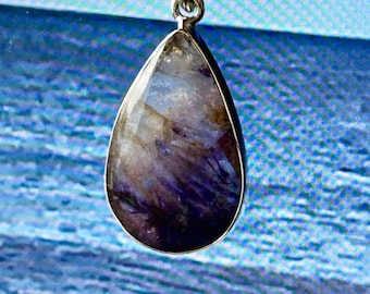 Blue John Tear Drop Pendant, Sterling Silver, Derbyshire Mined Gemstone, unique+  Snake Chain*82