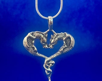 Dragons entwined heart sterling Silver Pendant and sterling snake chain