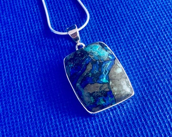Neon Azurite large pendant set in sterling silver and snake chain Natural stones  great colour Crystal