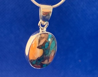 Spiny Oyster and turquoise pendant small sterling silver and snake chain Natural stones set in sterling silver.