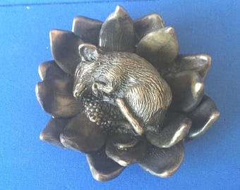 Mouse Sleeping on Lotus Flower, Cold Cast Bronze Handmade in UK