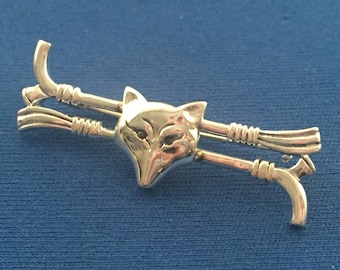 Fox Head and crops brooch / stock pin sterling silver .925 faux gem eyes