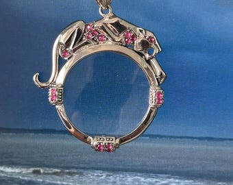 Magnifying glass loupe Sterling silver Panther set with marcasite and faux rubies Art Deco in Style included 46cms snake chain