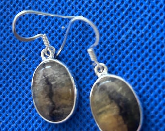 Blue John Sterling Silver oval Drop Earrings: mined in Derbyshire , UK unique gems