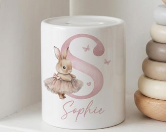 Personalised ballerina bunny rabbit money box, ceramic coin bank, any name, any initial, gift for new baby girl