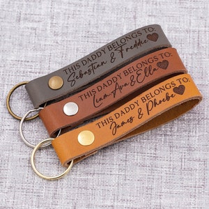 Personalised leather keyring, this dad daddy grandad belongs to, engraved keychain, gift for him, for uncle, step dad, from daughter or son