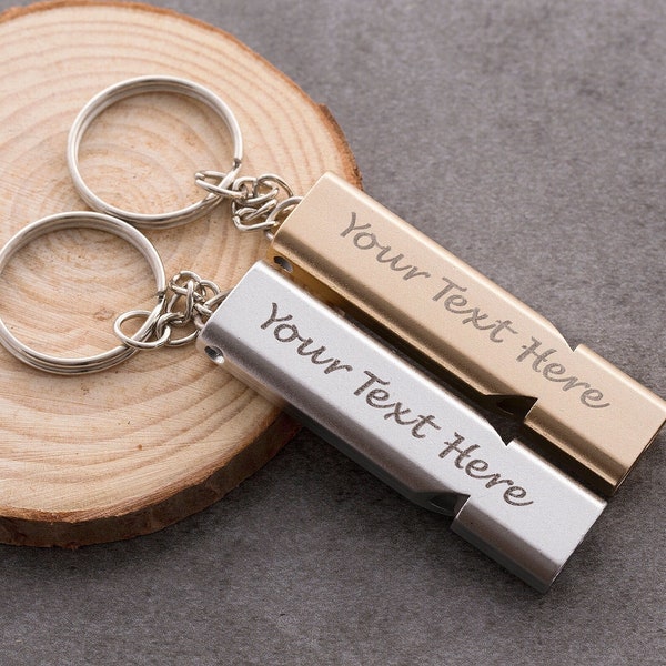 Personalised whistle keyring, custom engraved keychain, gold or silver, working whistle, safety emergency whistle, for hiking, for camping