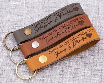 Personalised leather keyring, this dad daddy grandad belongs to, engraved keychain, gift for him, for uncle, step dad, from daughter or son