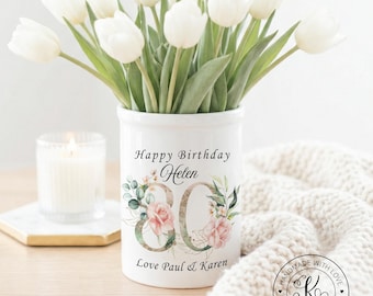 Personalised white ceramic vase, any age birthday gift, flower vase, any relation or name, pink roses design, 60th 70th 80th 90th birthday