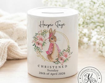 Personalised pink rabbit money box, christening gift, ceramic piggy bank, any name christening date, children girls, daughter granddaughter