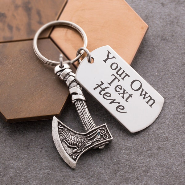 Personalised viking axe keyring, engraved steel keychain, gift for dad, for son, for husband, biker gift, warrior gifts, norse odin wolf