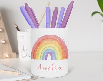 Personalised pencil holder, ceramic pen pot, rainbow print, back to school gift, kids children girls, for daughter granddaughter, any name