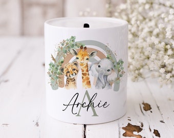 Personalised money box, rainbow safari animal theme, ceramic coin bank, name gifts boys girls, kids decor, gift for son or daughter, unisex