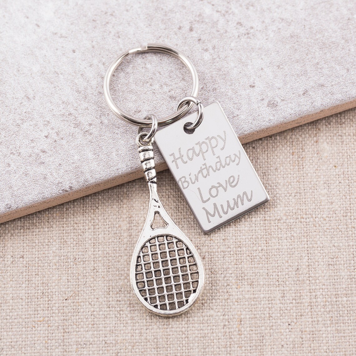 Personalised tennis racket keyring engraved steel keychain Etsy