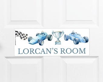 Personalised metal door sign, blue vintage racing car theme, hanging or stick on, baby name plaque, nursery bedroom room, kids children boys