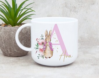 Child's 6oz polymer unbreakable mug cup, pink rabbit boho print, toddler mug, kids children girls, name initial, gifts for daughter