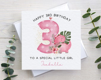 Personalised 3rd birthday card, dinosaur dino print, hammered texture, card for daughter, for granddaughter, kids girls children, age 3 card