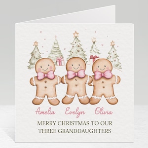 Carte de joyeux Noël personnalisée en pain d'épice, pour 3 filles, tous les noms et parents, pour triplés, pour petites-filles, pour trois sœurs