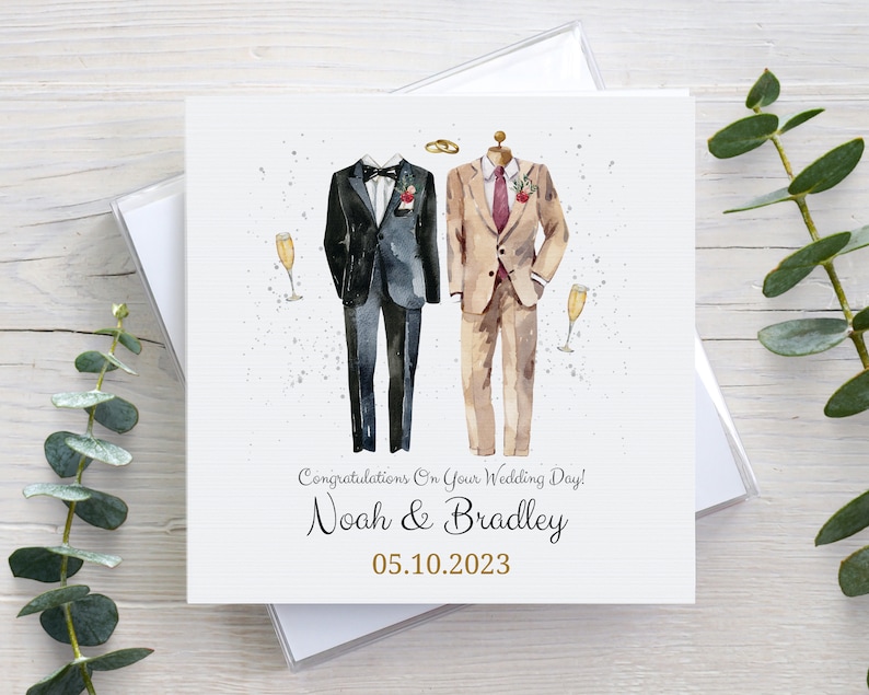 Personalised wedding card, LGBT same sex wedding, mr and mr, his & his, linen texture, gay marriage card, congratulations card with envelope image 1