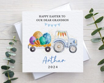 Personalised Easter card for kids, blue tractor farm design, card for son grandson nephew, boys card, Easter eggs card, 1st Easter card