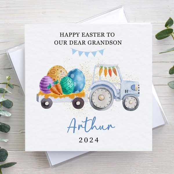 Personalised Easter card for kids, blue tractor farm design, card for son grandson nephew, boys card, Easter eggs card, 1st Easter card