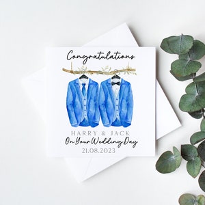 Personalised wedding card, LGBT same sex wedding, mr and mr, his & his, linen texture, gay marriage card, congratulations card, blue suits image 3