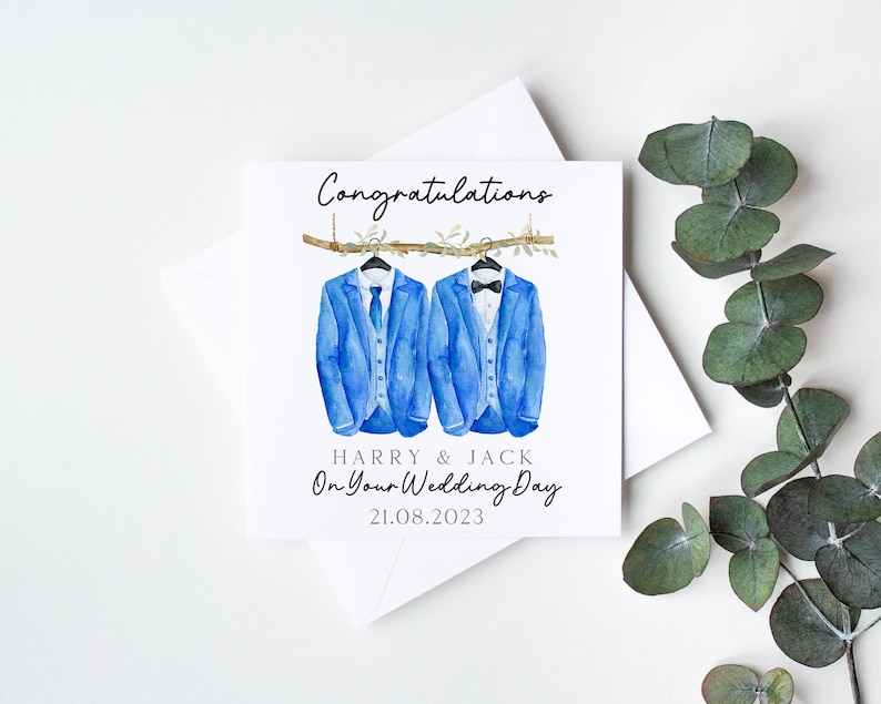 Personalised wedding card, LGBT same sex wedding, mr and mr, his & his, linen texture, gay marriage card, congratulations card, blue suits image 3