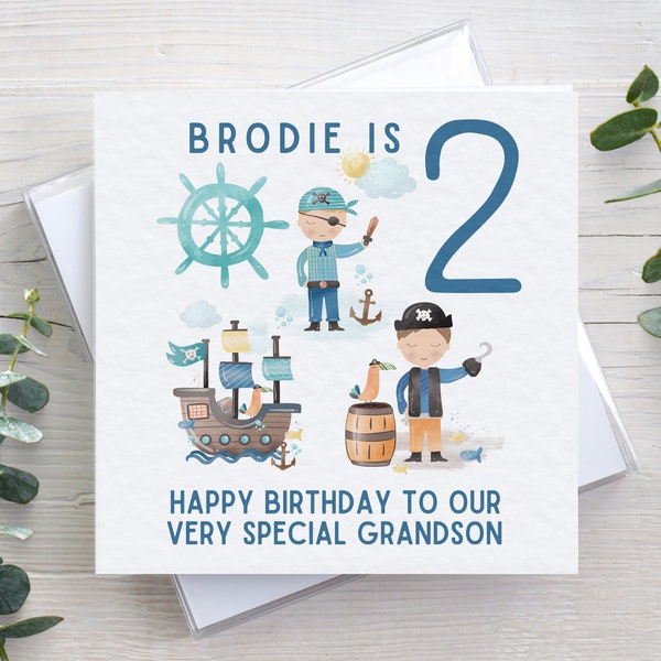 Personalised 1st 2nd 3rd 4th happy birthday card, pirate theme, hammered or linen texture, boys kids name & age, card for son, for grandson