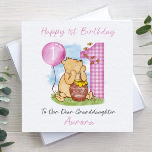 Personalised 1st birthday card, Winnie the Pooh, hammered texture, age 1 card, kids children girls, card for daughter granddaughter niece