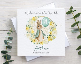 Personalised new baby card, welcome to the world, any name date initial, unisex girls boys, rabbit bunny card, spring baby daffodils flowers