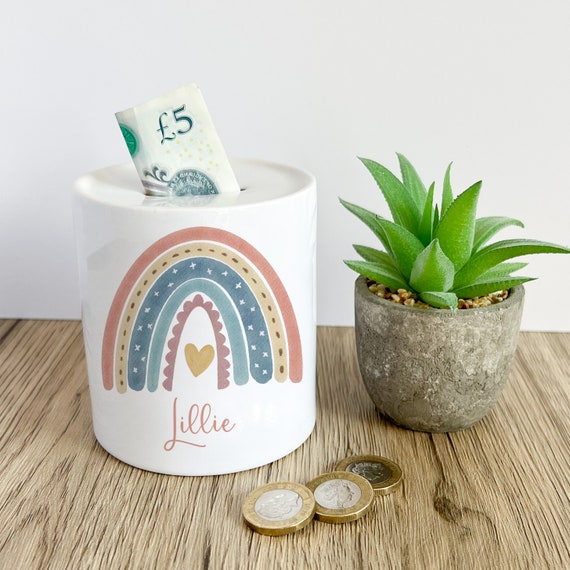 Personalised rainbow money box, ceramic coin collector, name gifts, for  boys, for girls, kids bedroom decor, unisex gifts, for son, daughter